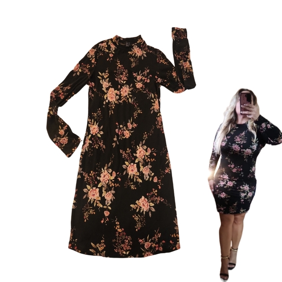 Forever 21 Long Sleeve Mini Black  Floral Stretchy Dress Size Large - Picture 1 of 10